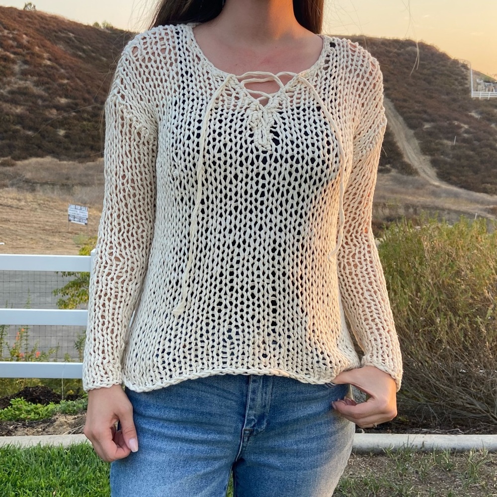 VINCE Hand Knit Chunky Knit Pullover Lace up Cotton Sweater Cream Sz S $45
